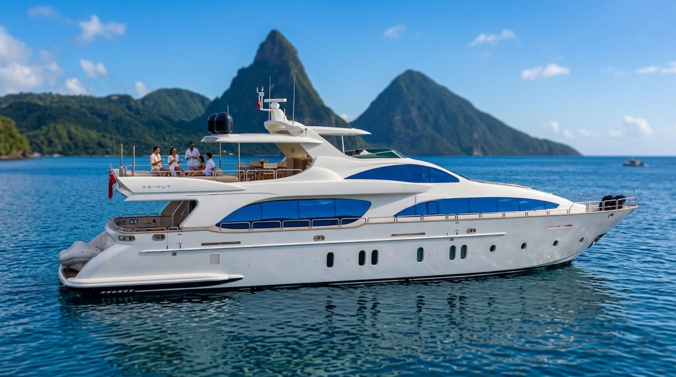 Large luxury motor yacht cruising calm blue waters with iconic twin mountain peaks in the background.