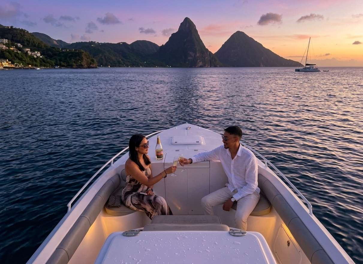 Couple enjoying champagne on a luxury yacht at sunset with St. Lucia's majestic Piton mountains visible.