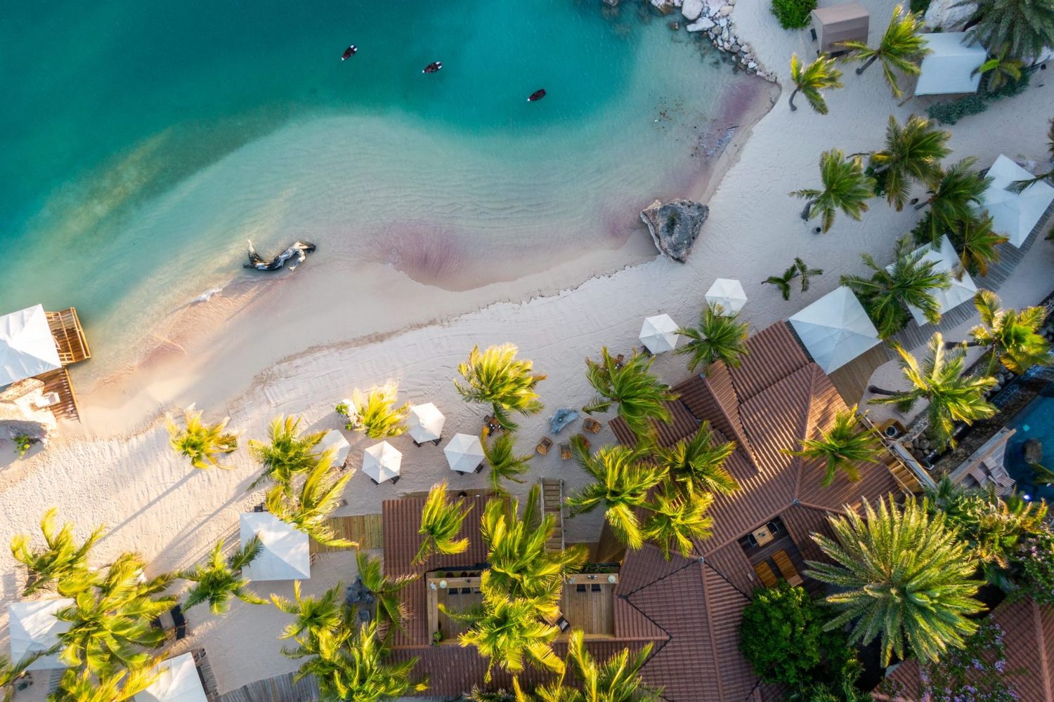 Aerial view of a tropical beach resort with turquoise water, palm trees, and white umbrellas.