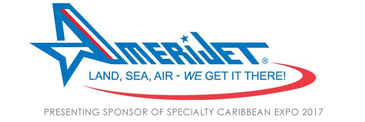Amerijet International logo, presenting sponsor of Specialty Caribbean Expo 2017, land sea air shipping.