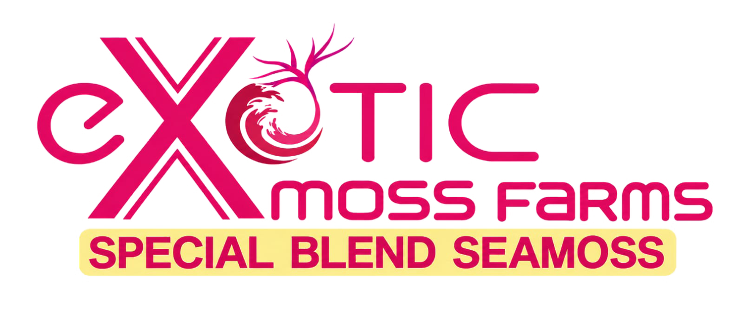 Exotic Moss Farms Special Blend Seamoss logo with bold pink text and antler design.