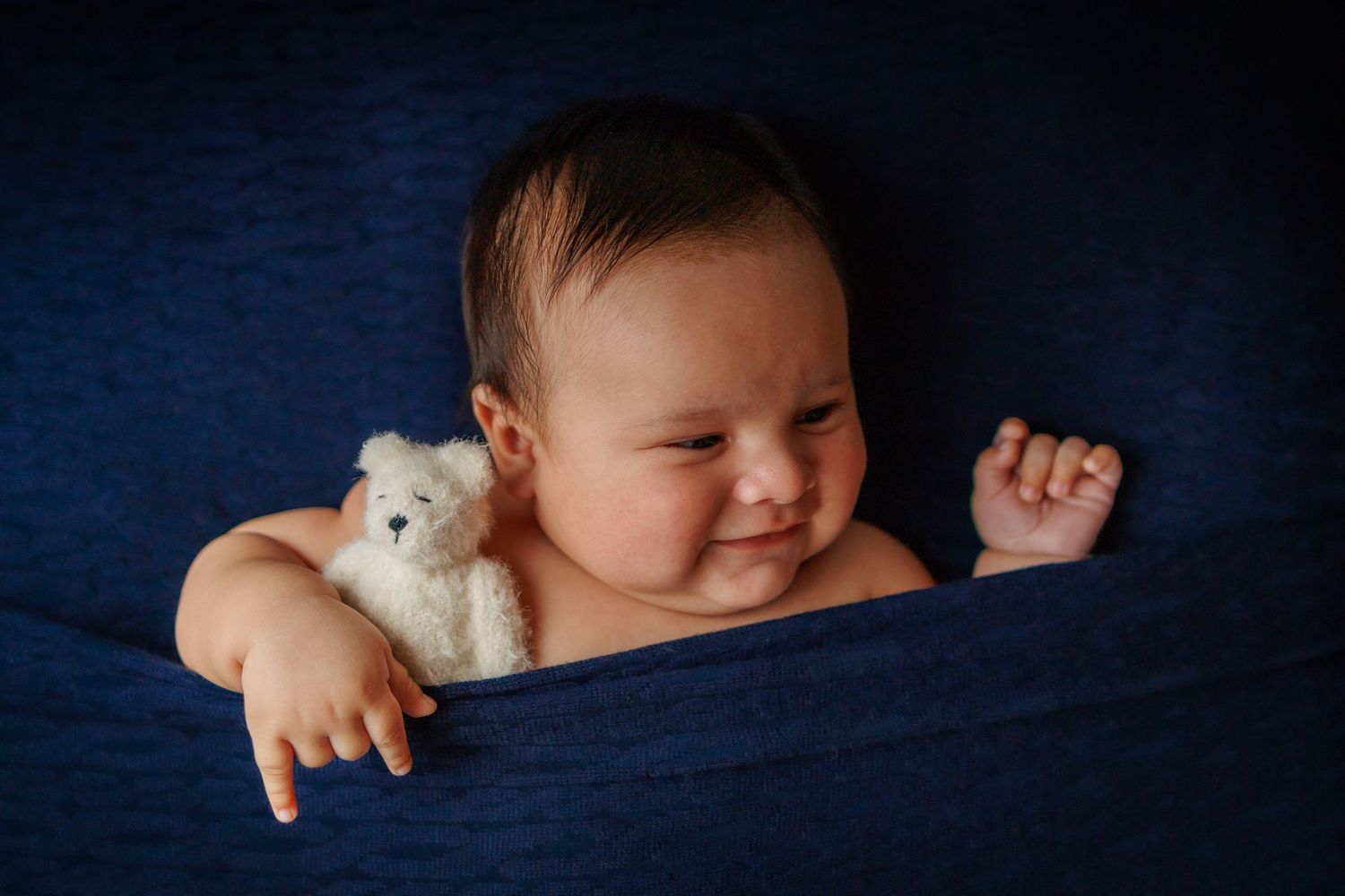 A sleeping newborn snuggles with a small white teddy bear on dark blue fabric.