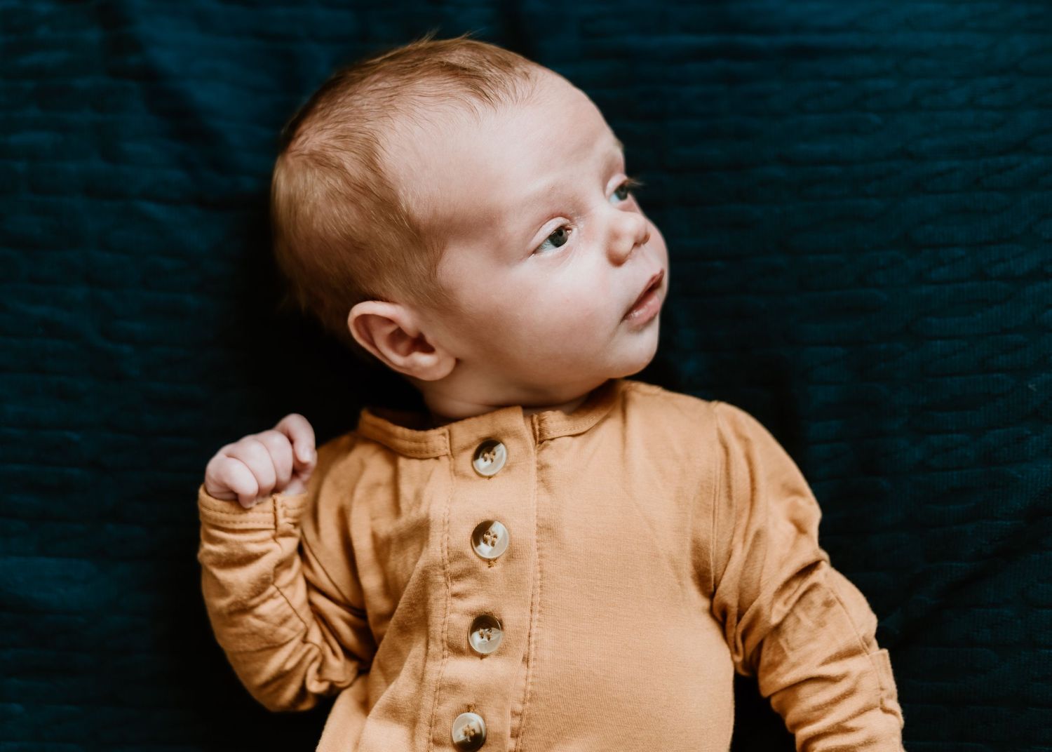A baby wearing a tan colored button-up outfit gazes to the side while laying against a dark teal backdrop.