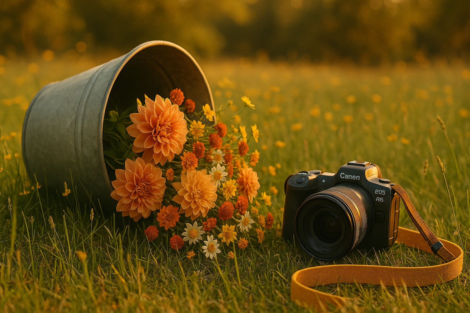 Vintage camera with brown leather strap lies beside metal bucket filled with orange dahlias on golden grass at sunset.