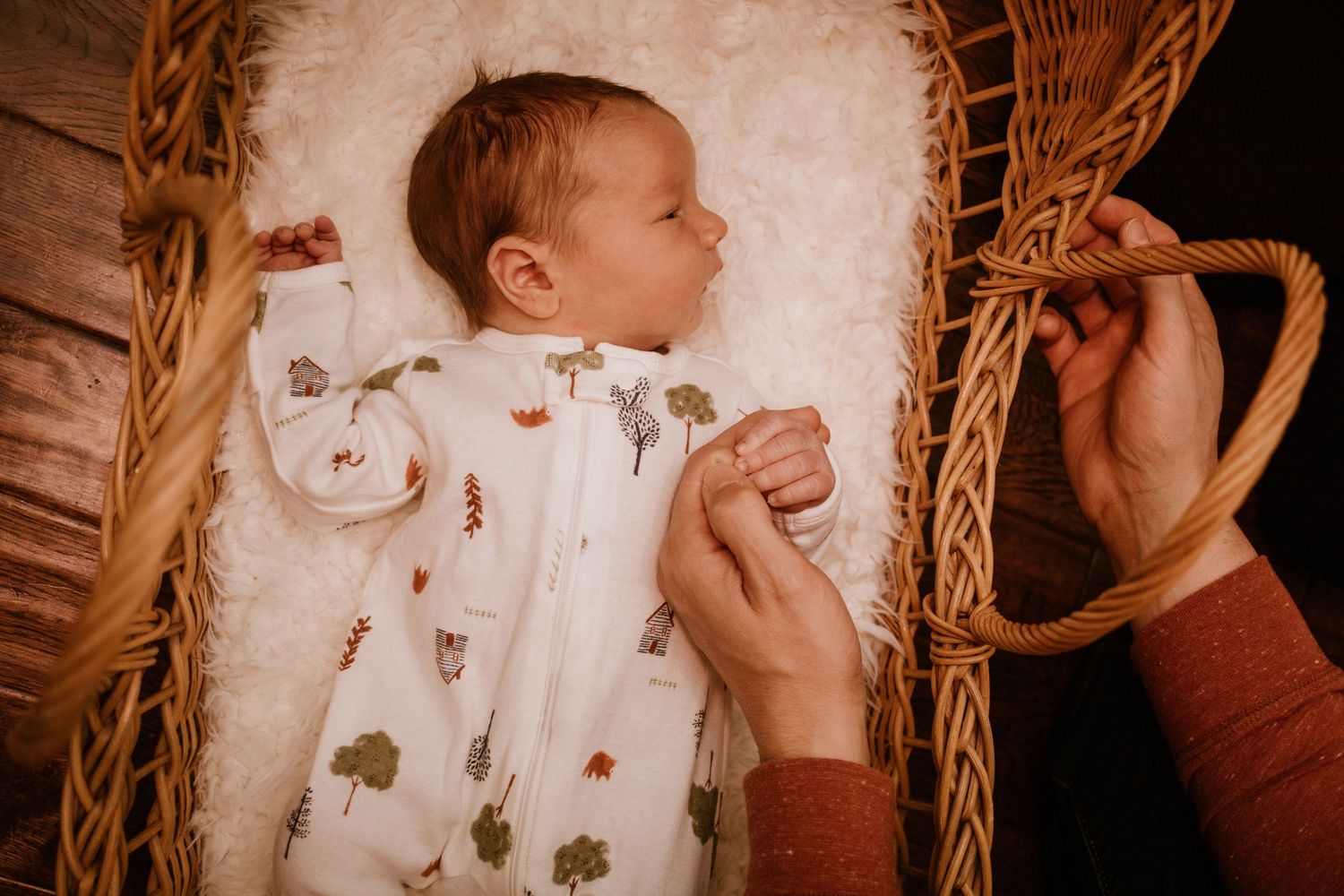 A warm-toned photo montage shows alternating views of a baby being held and embraced against a rustic backdrop.