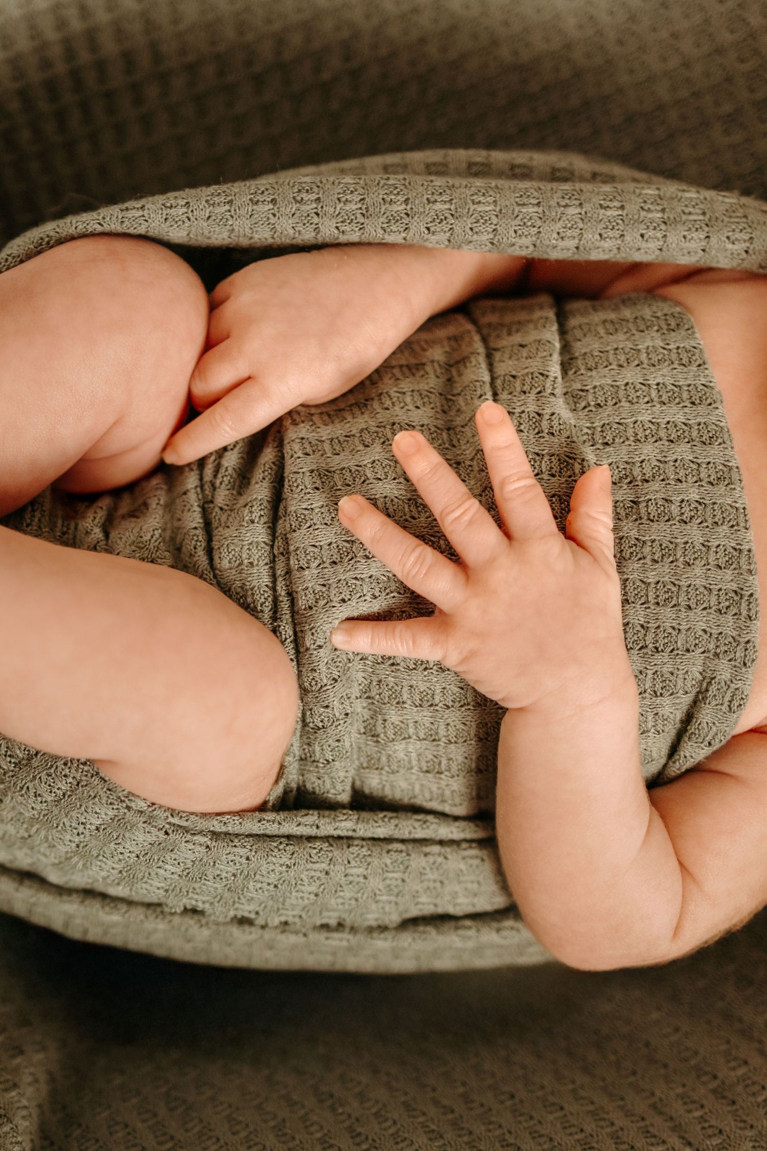 Close up shot of tiny baby hands and feet resting on a gray textured blanket in soft natural light.