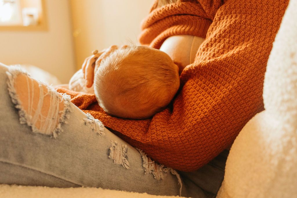 A sleeping orange cat nestles comfortably in someone's rust-colored knit sweater while resting on a couch.