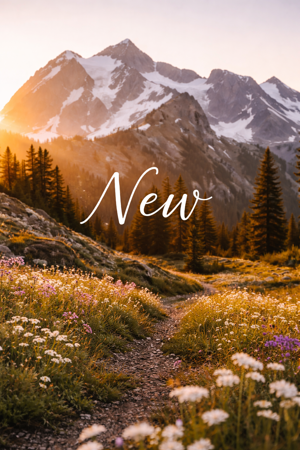 Wildflowers bloom along a mountain trail at sunset with snow-capped peaks and evergreen trees in the background.