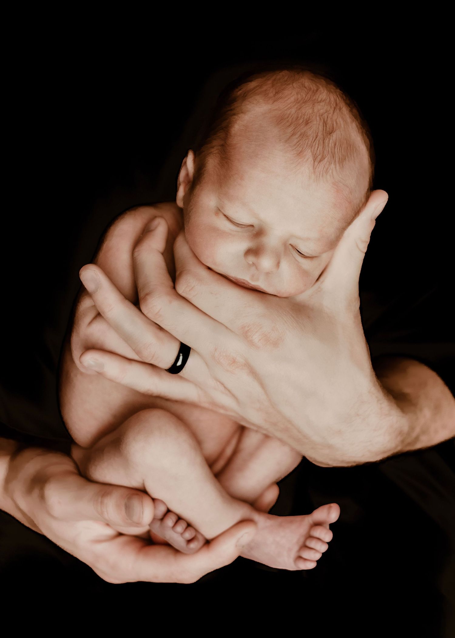 A sleeping newborn baby's gentle hand and face in sepia tones shown in a sequence of six serene portrait photos.