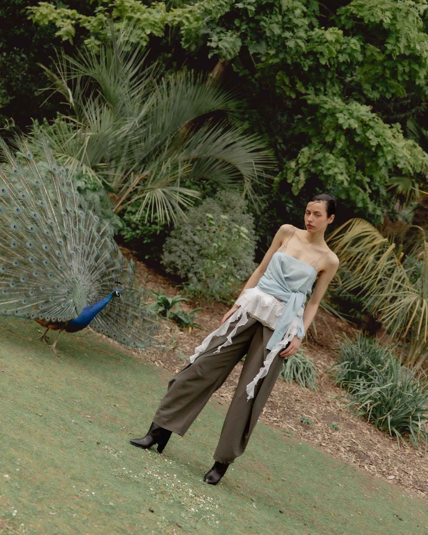 A model in a light blue strapless top and wide-leg trousers poses outdoors beside a displaying peacock in a lush garden.