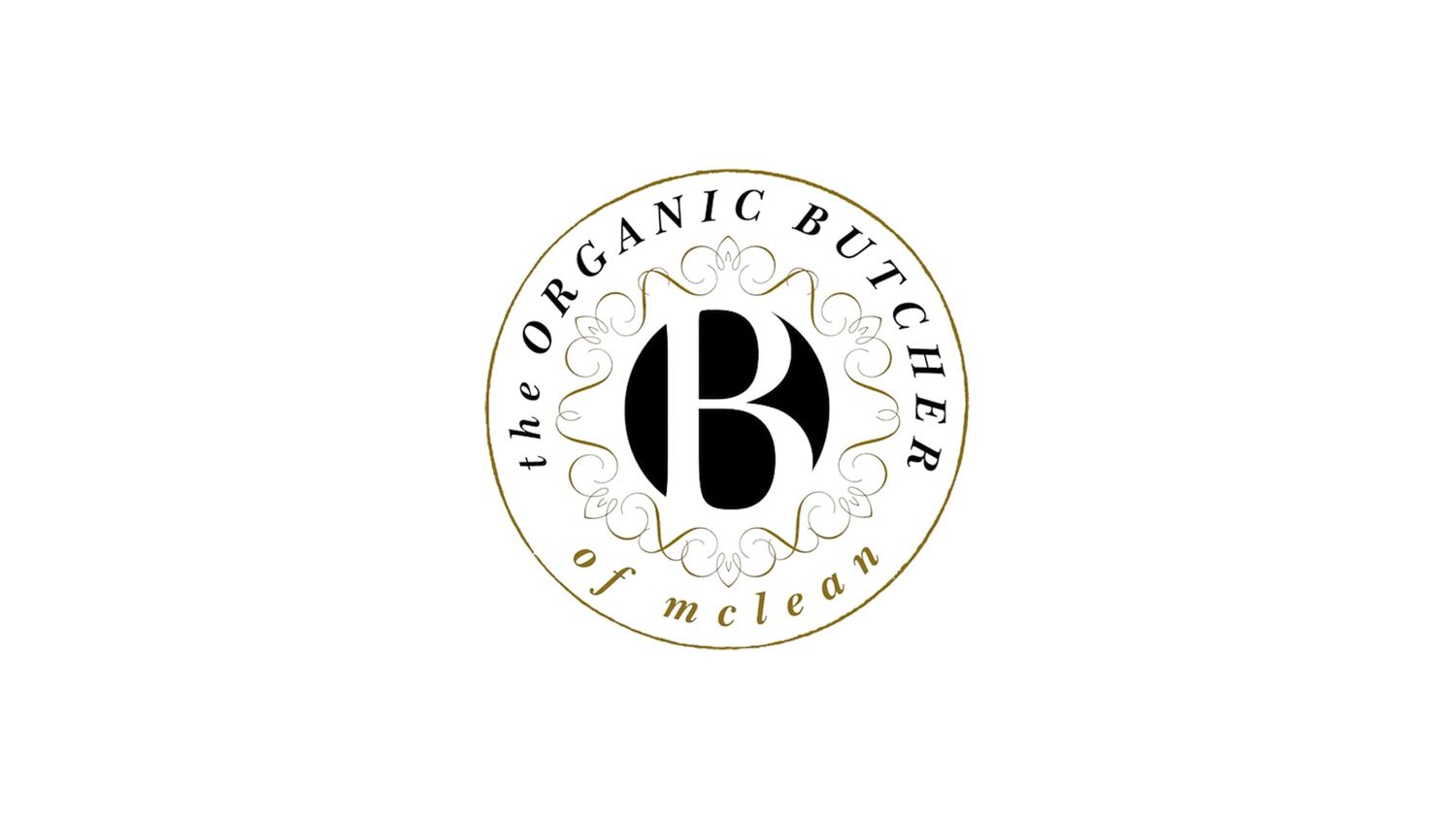 The Organic Butcher of McLean circular logo featuring an elegant gold and black design on white background.