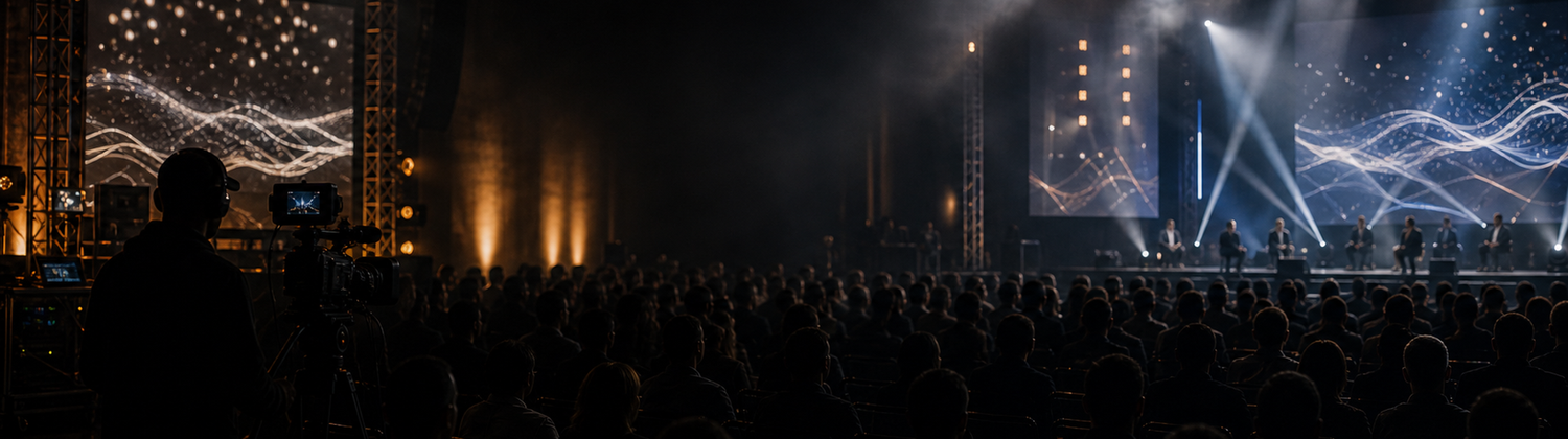 A large concert crowd faces a dramatic stage with glowing light displays and fog effects in a dark venue.