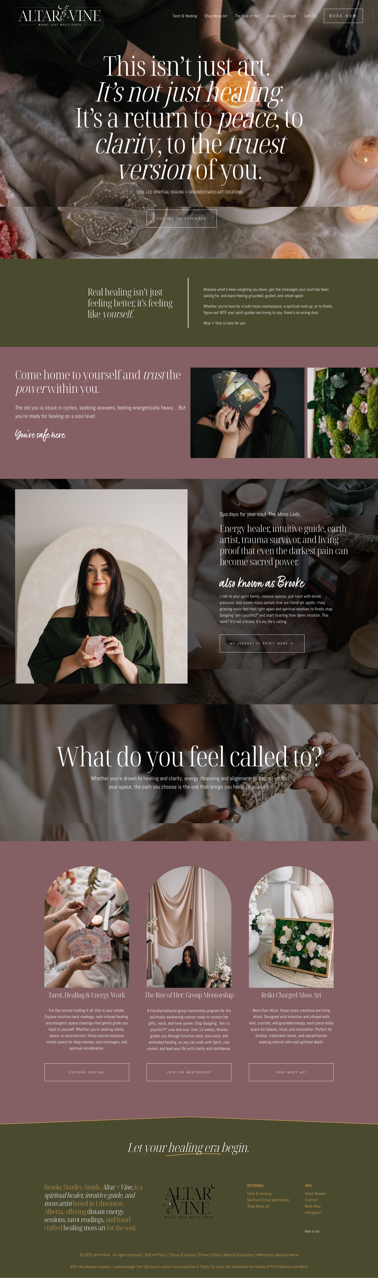 Holistic wellness website design with earthy tones featuring crystal healing, meditation and self-care imagery.