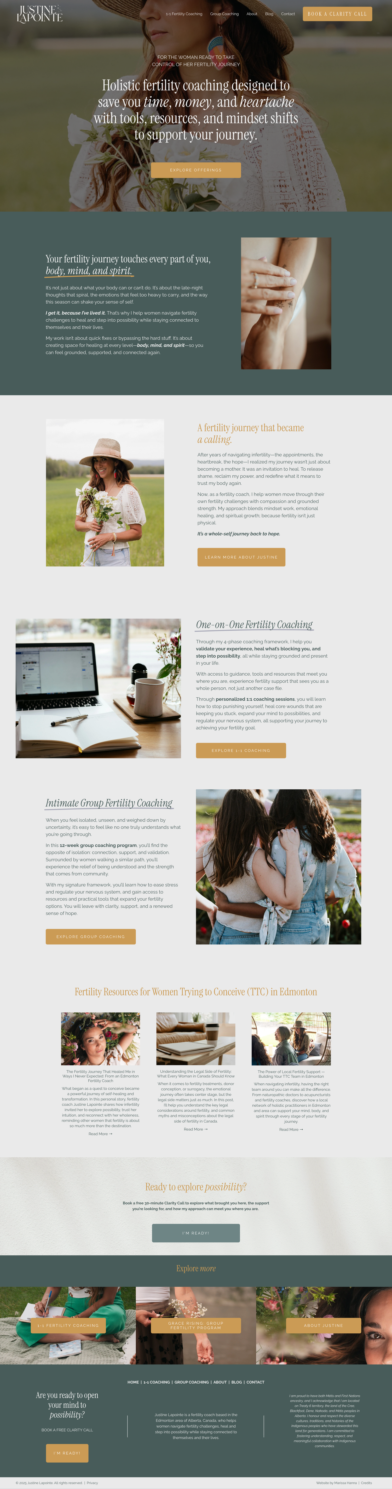 Website design mockup showing fertility coaching services with soft green and beige color scheme and lifestyle imagery.