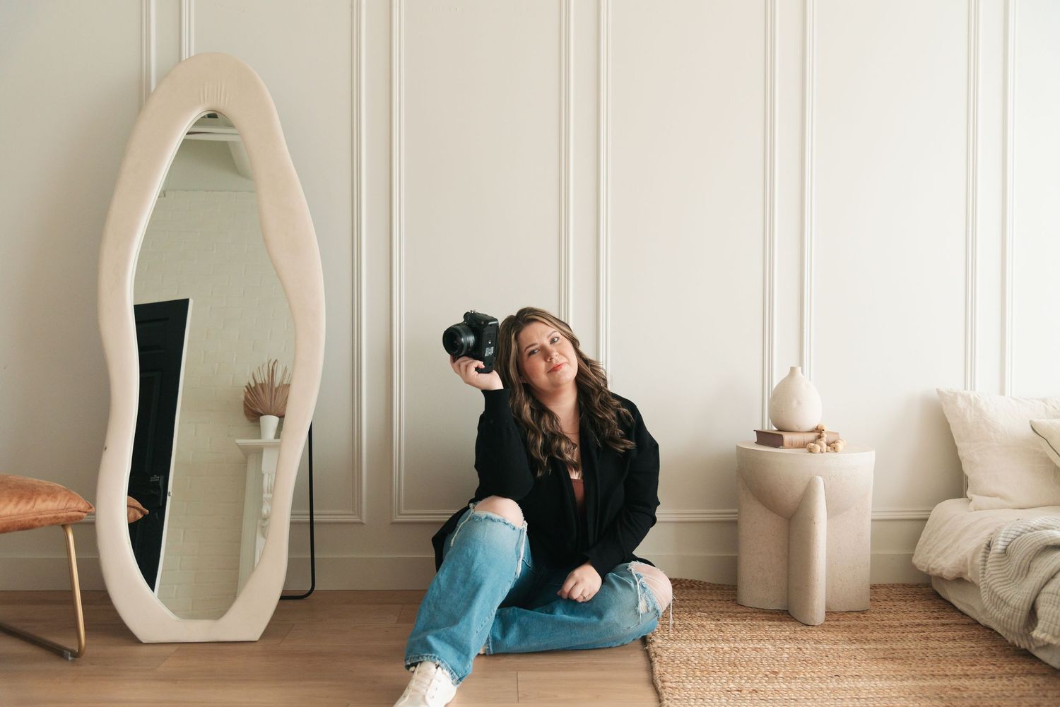 Series of connected photos showing daily activities with a cat and small living space with white walls and decor.