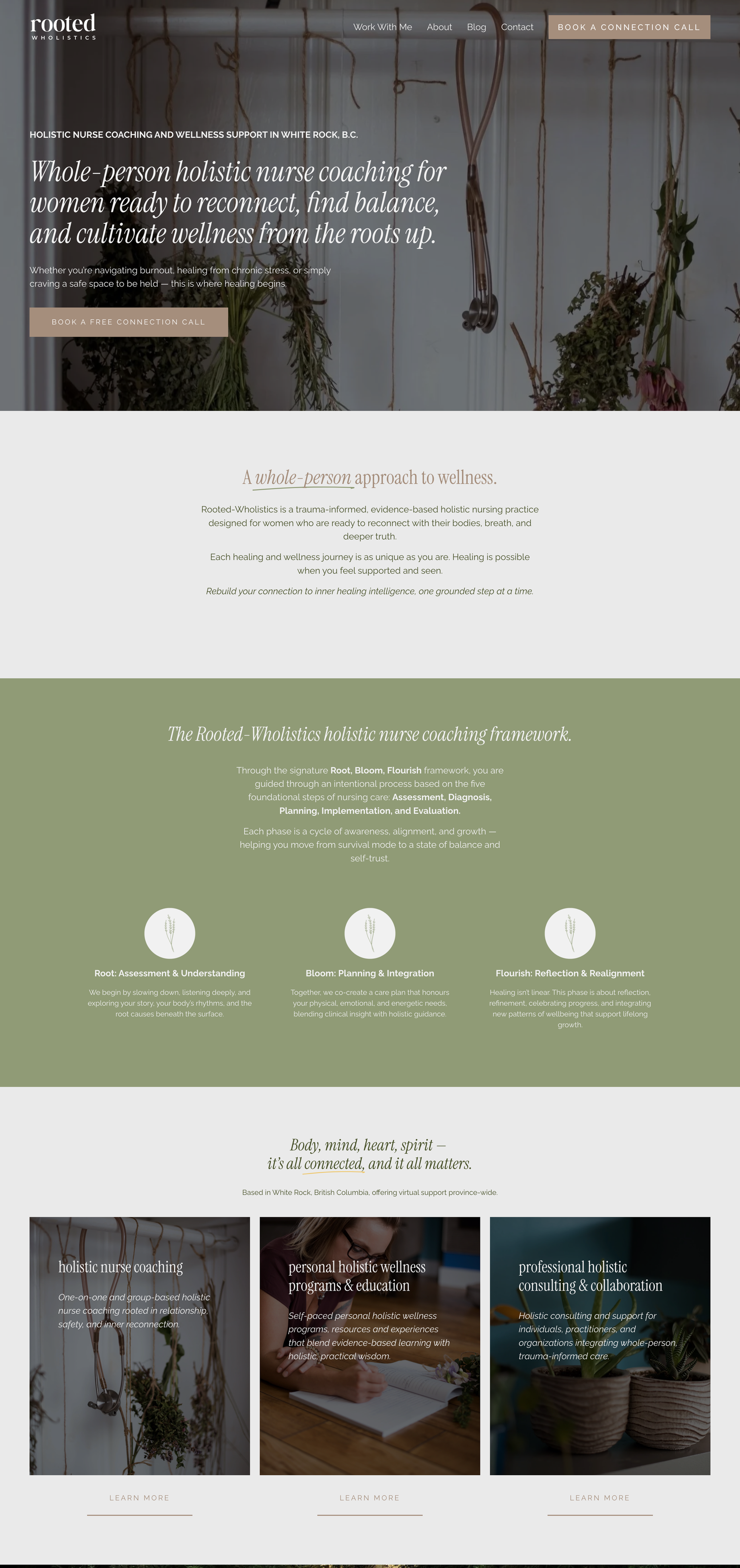 Website design mockup showcasing a holistic nurse coaching service with green accents and multiple content sections.