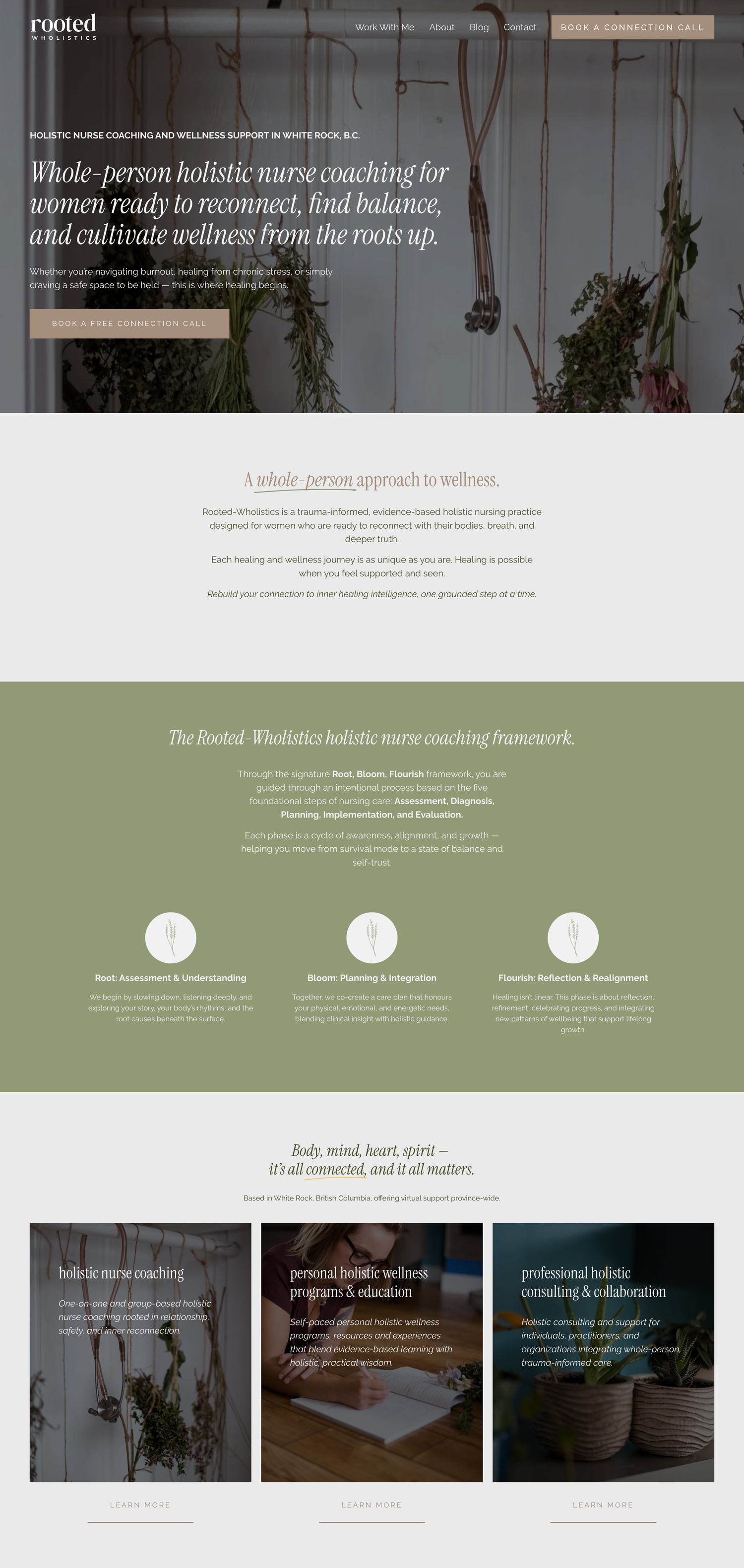 A modern wellness website design showcasing holistic nurse coaching services with a sage green color scheme.