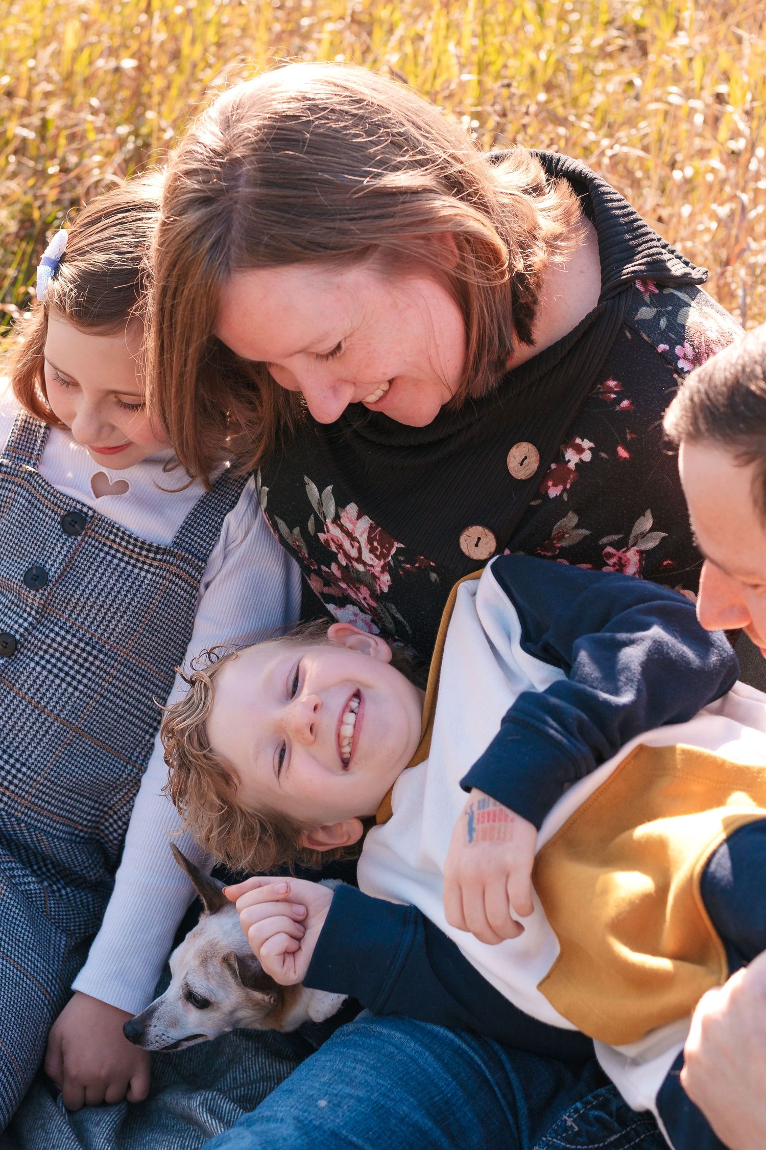 A joyful autumn moment as family members share laughter and cuddles in a golden field with sunlit grasses.