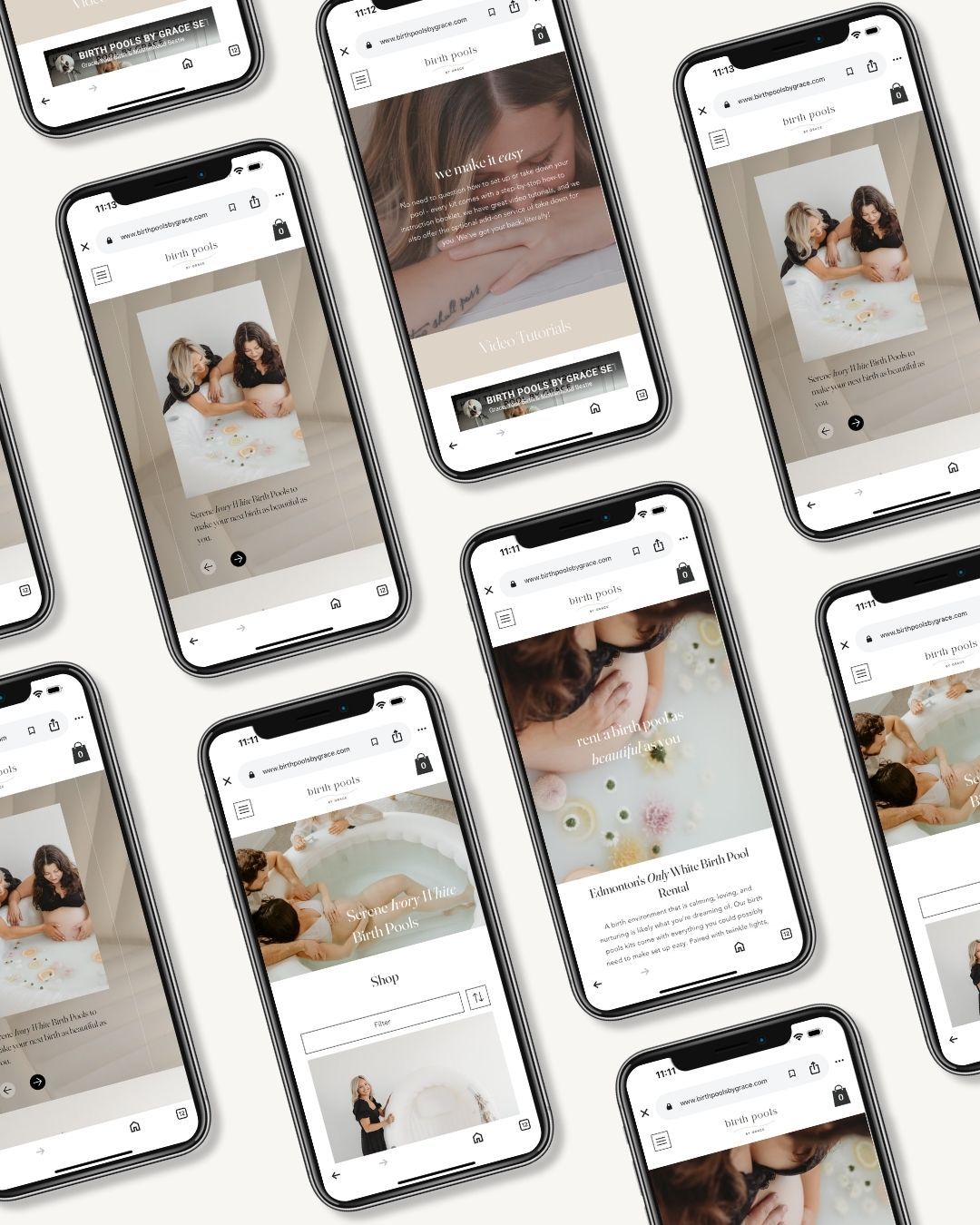 Multiple iPhone mockups displaying social media posts arranged in a diagonal grid pattern against a white background.