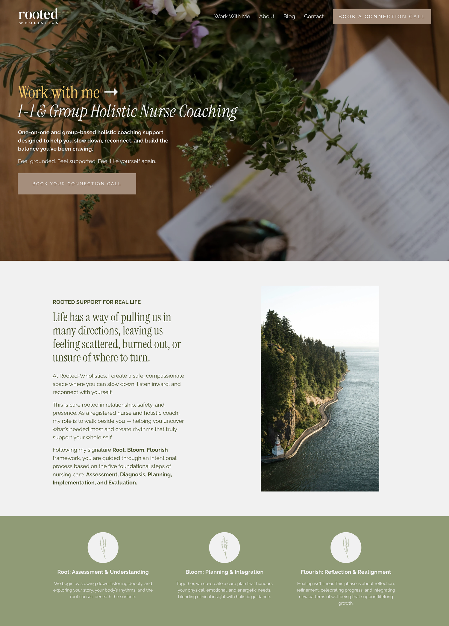 Rooted Assistance holistic nurse coaching website featuring nature imagery with a coastal tree and open book.