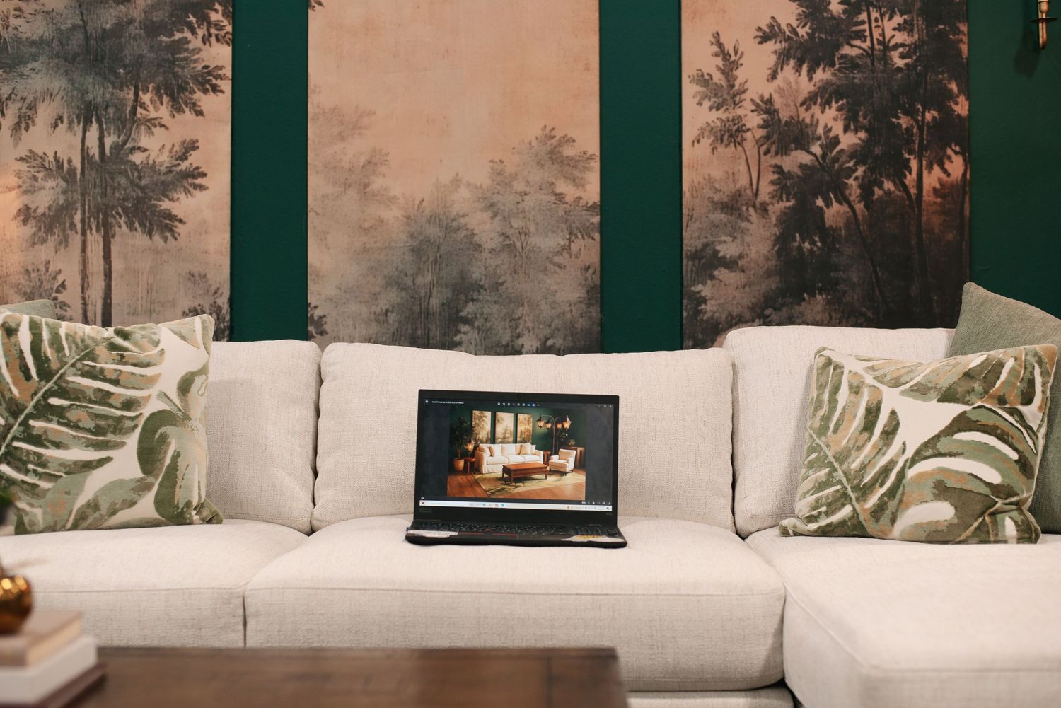 A modern white sectional sofa with tropical leaf print pillows sits against a dark botanical wallpaper background.