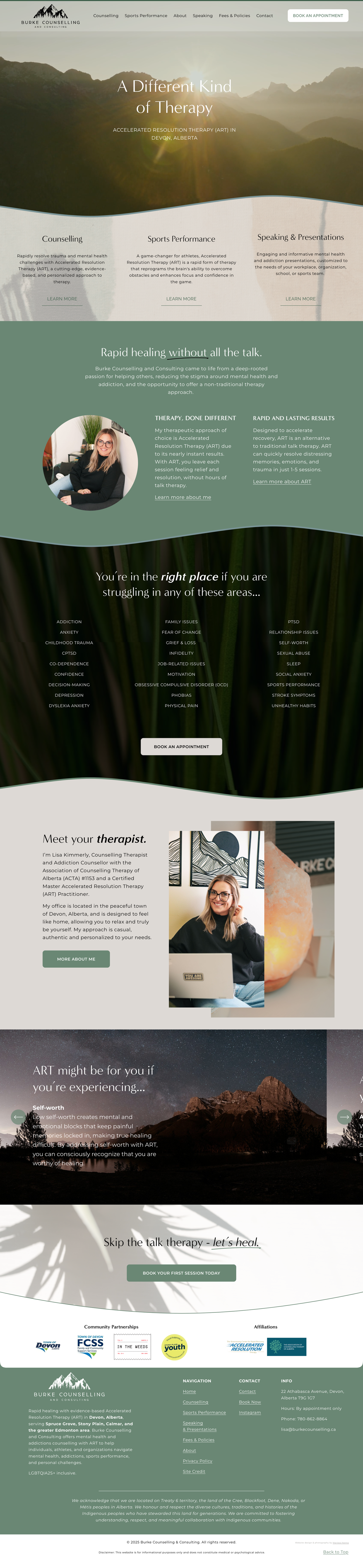 Modern therapy website showcases nature-inspired design with green accents and mountain imagery for healing services.