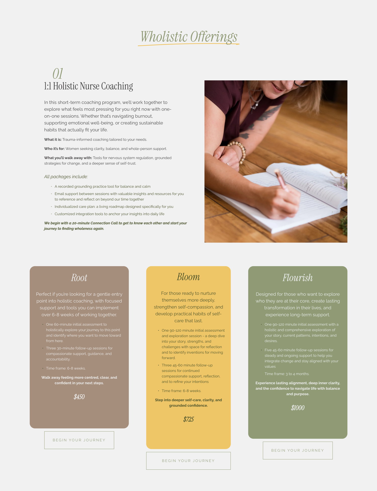 A holistic nurse coaching program brochure featuring tiered service packages named Root, Bloom, and Flourish with pricing details.