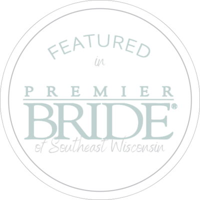 Featured in Premier Bride of Southeast Wisconsin badge, a circular seal in soft sage green and gray tones.