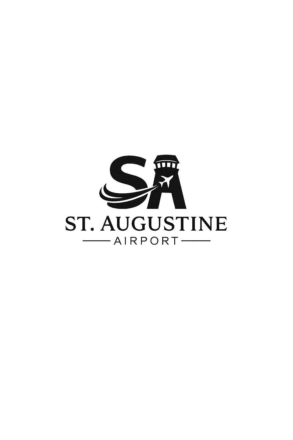 Black and white logo for St. Augustine Airport featuring stylized SA letters with an airplane and control tower graphic.