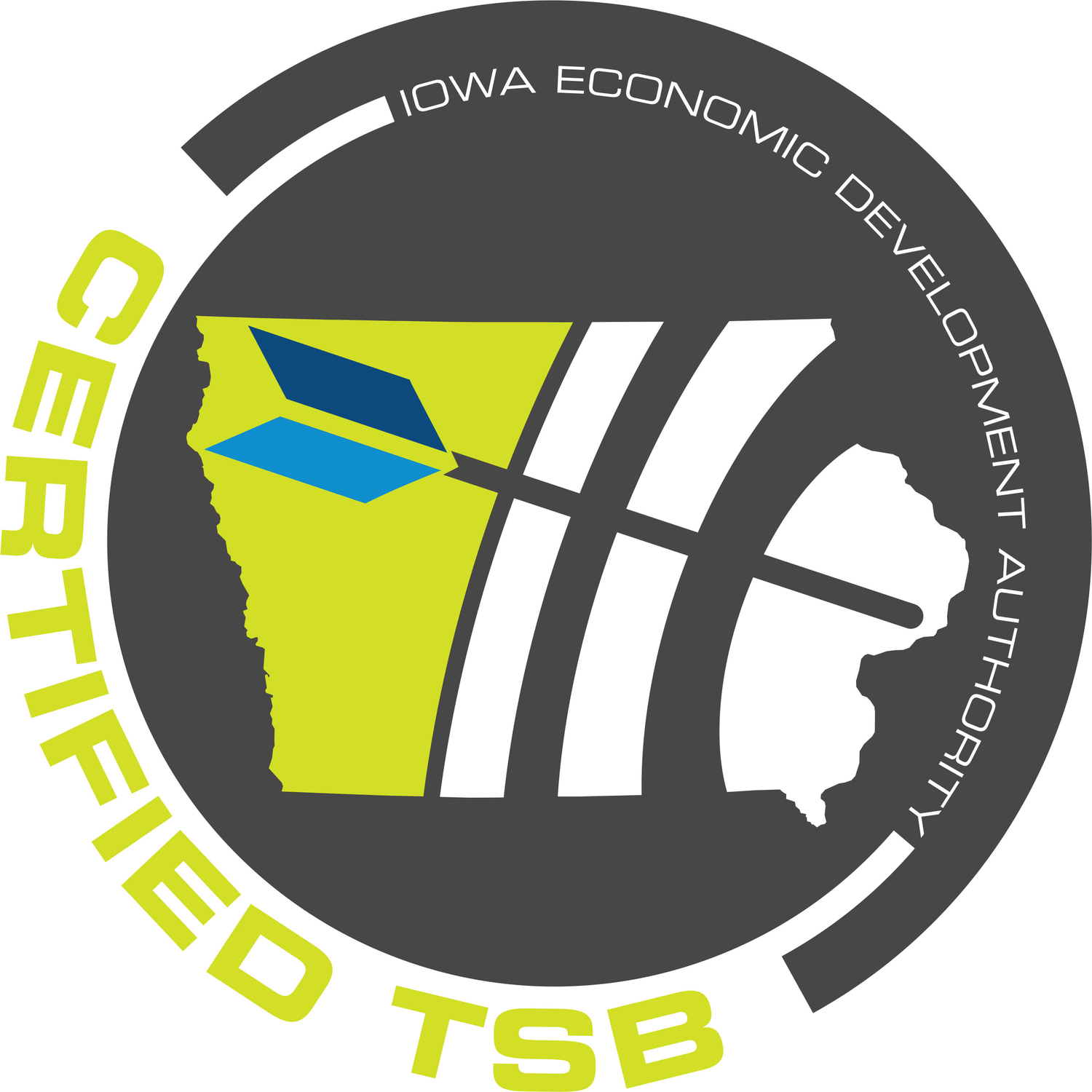 Circular logo for Iowa Economic Development Authority TSB certification with state outline in lime green and blue.