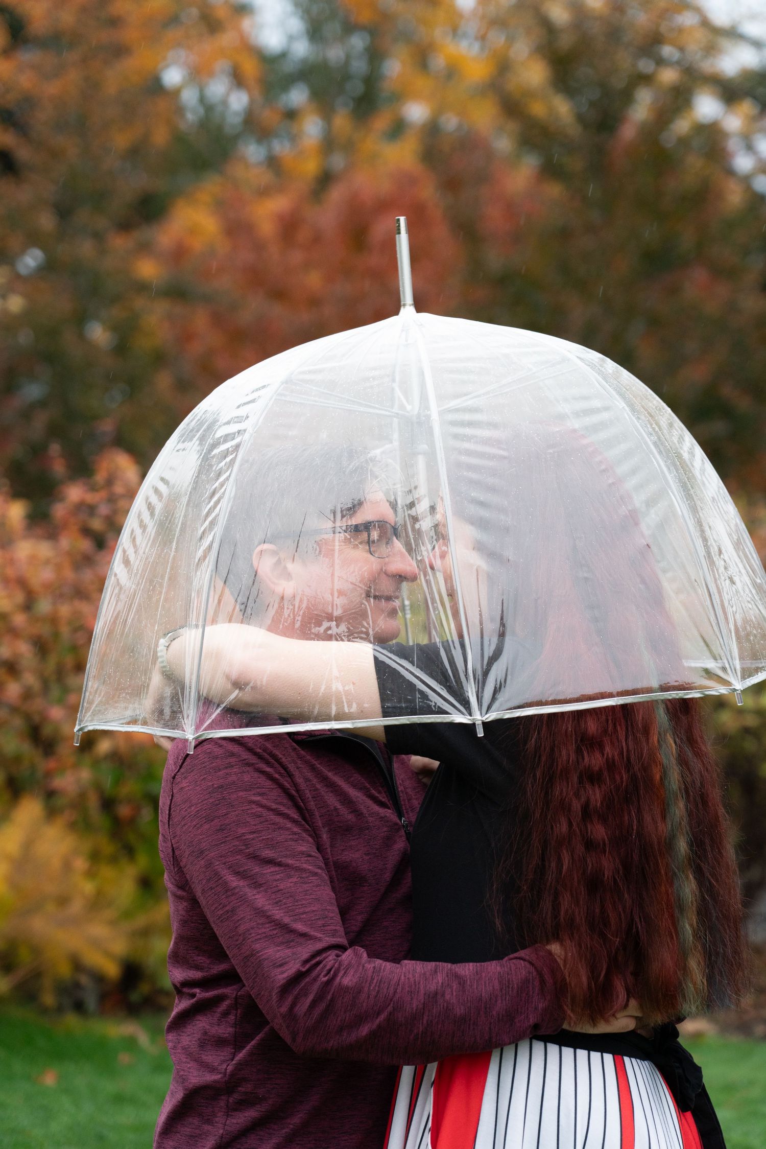 A couple shares a kiss under a clear umbrella against a backdrop of autumn trees. captured by Savvy Photography - engagement photography