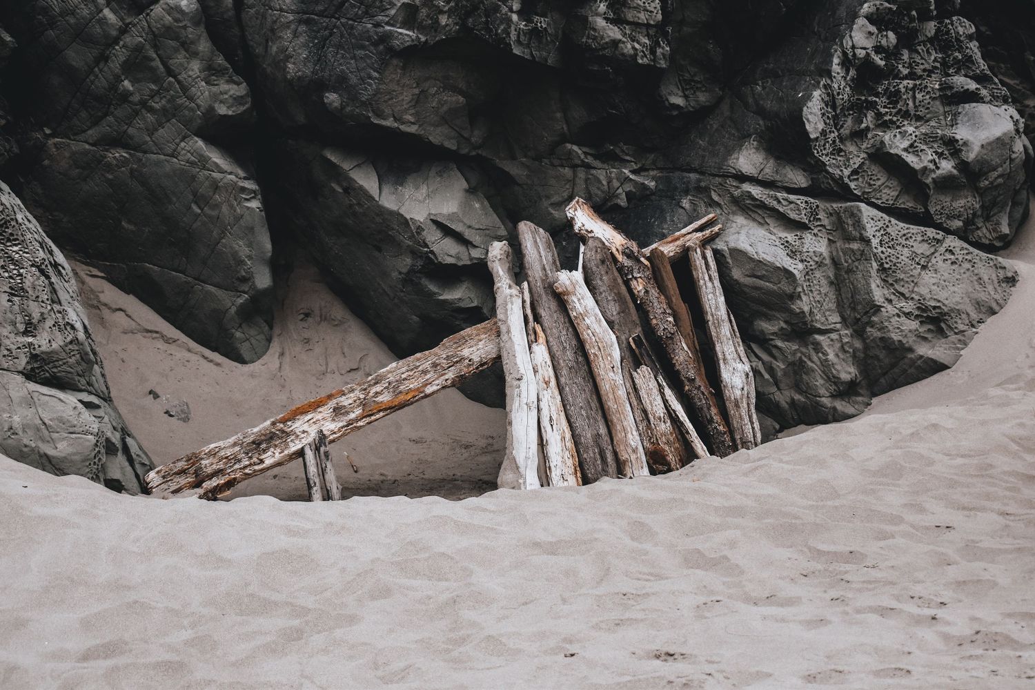 Wood formation against rock background