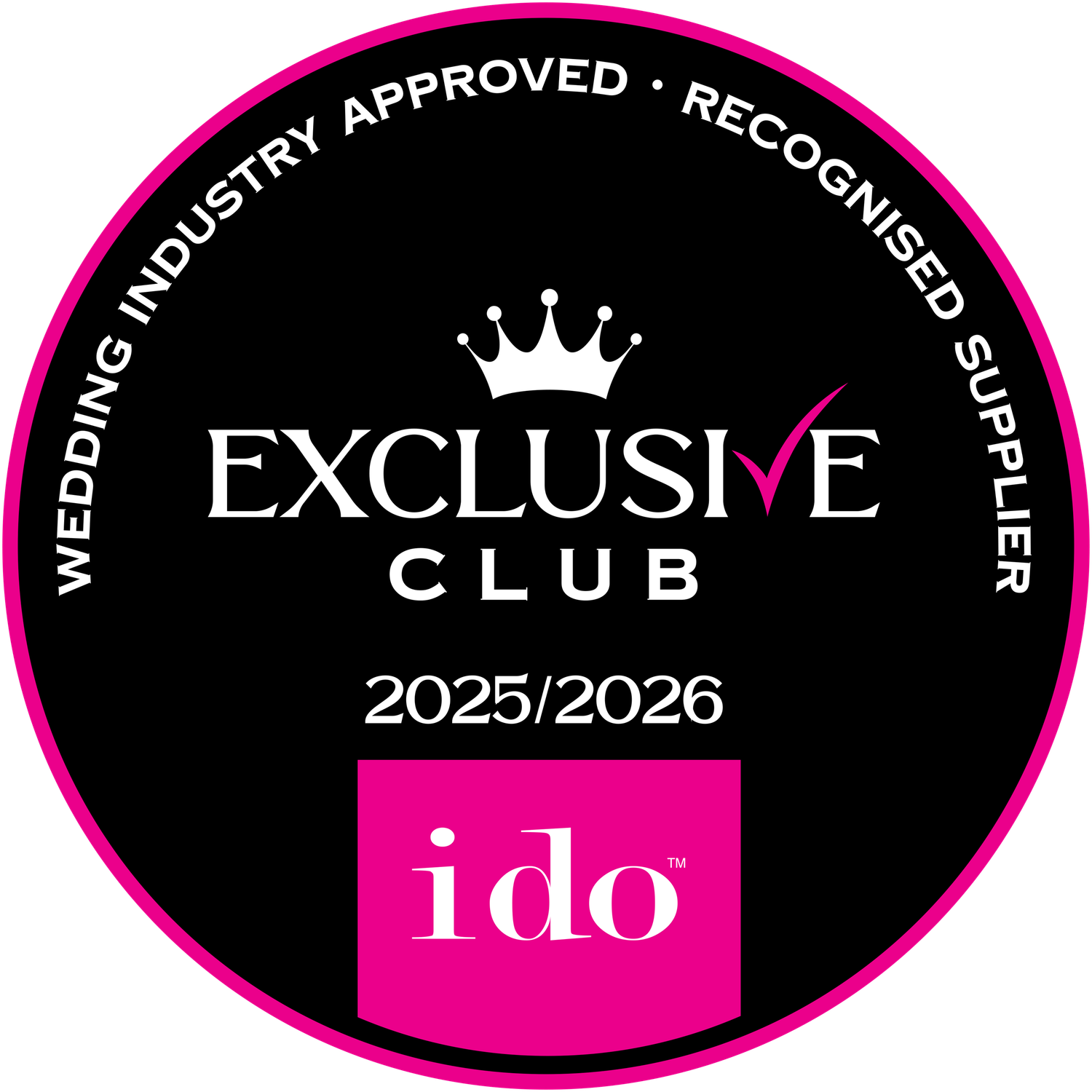 A row of black and pink circular badges or emblems with crown logos and text displaying membership status.