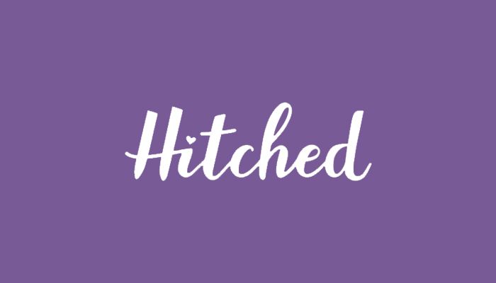 The word 'Hitched' written in white cursive text against a solid purple background.
