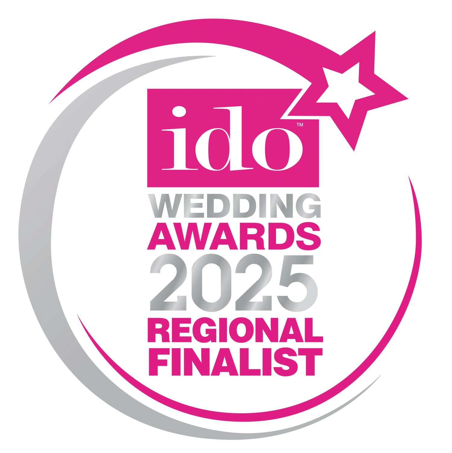 Pink and gray circular award badge logos showing finalist and top 100 recognition for wedding industry achievements.