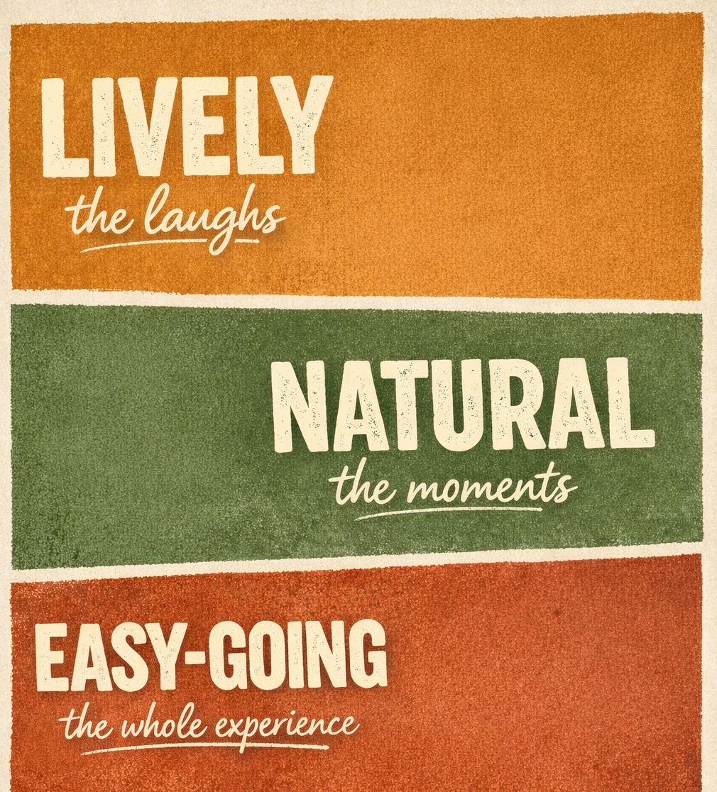 Orange and green text collage with words 'lively', 'natural', and 'easy-going' on textured background.