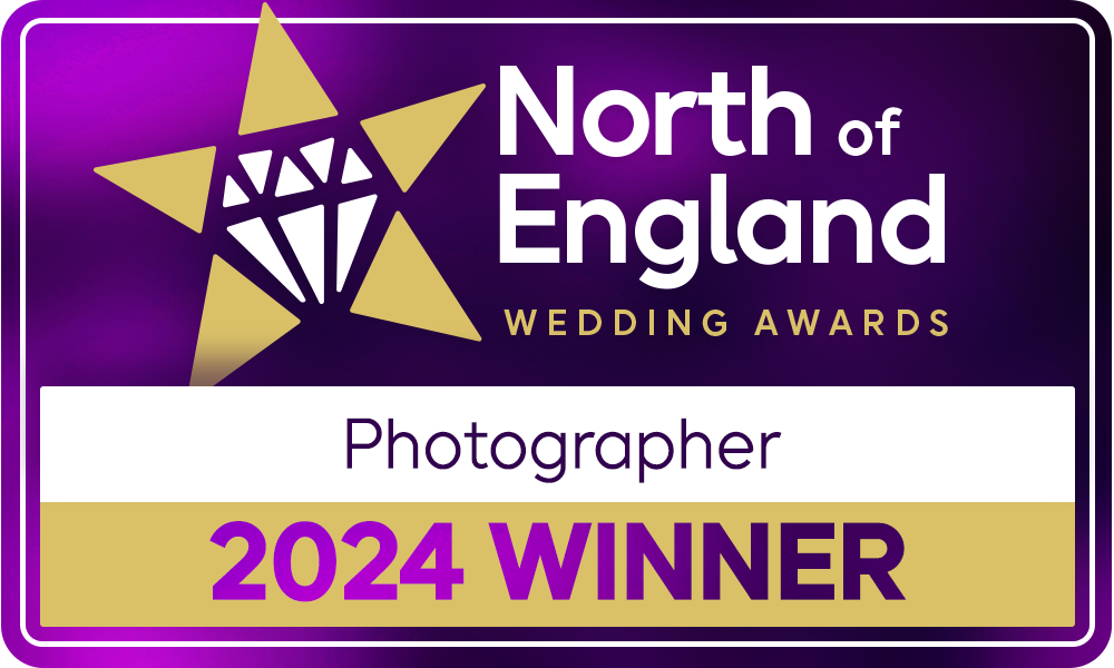 Five purple and gold award banners showing wedding photography recognition and achievements.