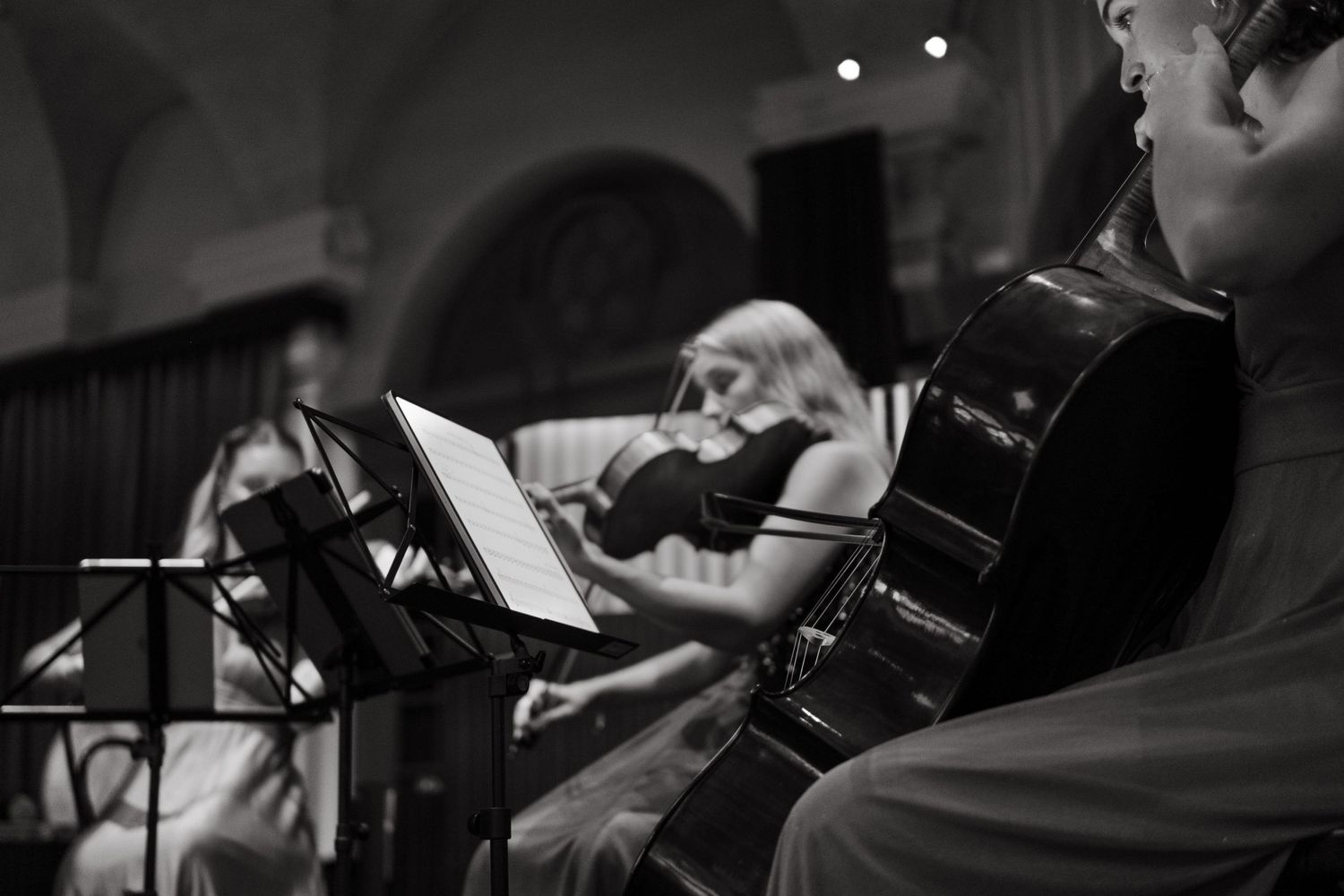 detail of women in orchestra playing instruments while being captured by concert photographer in Stockholm