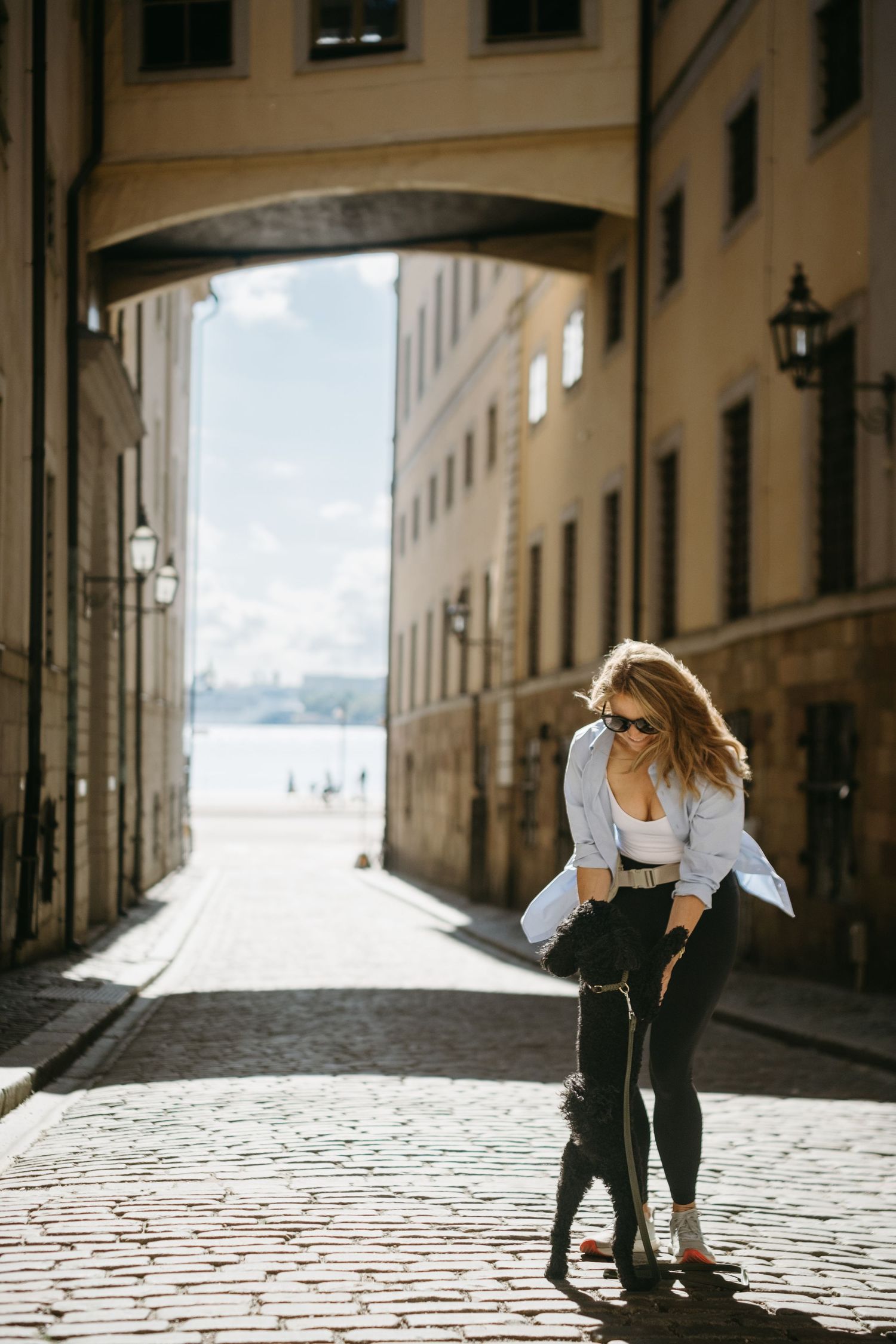 a little black dog jumping on a woman in a street of Gamla Stan while they're being captured by Stockholm brand photogra