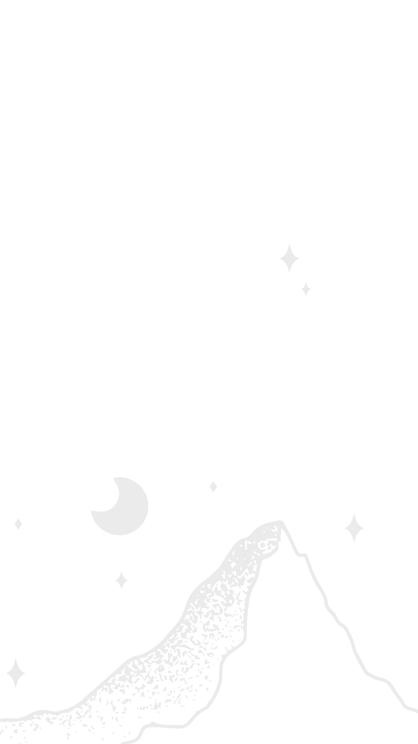 A minimalist white illustration of a mountain peak with stars and a crescent moon against a light background.