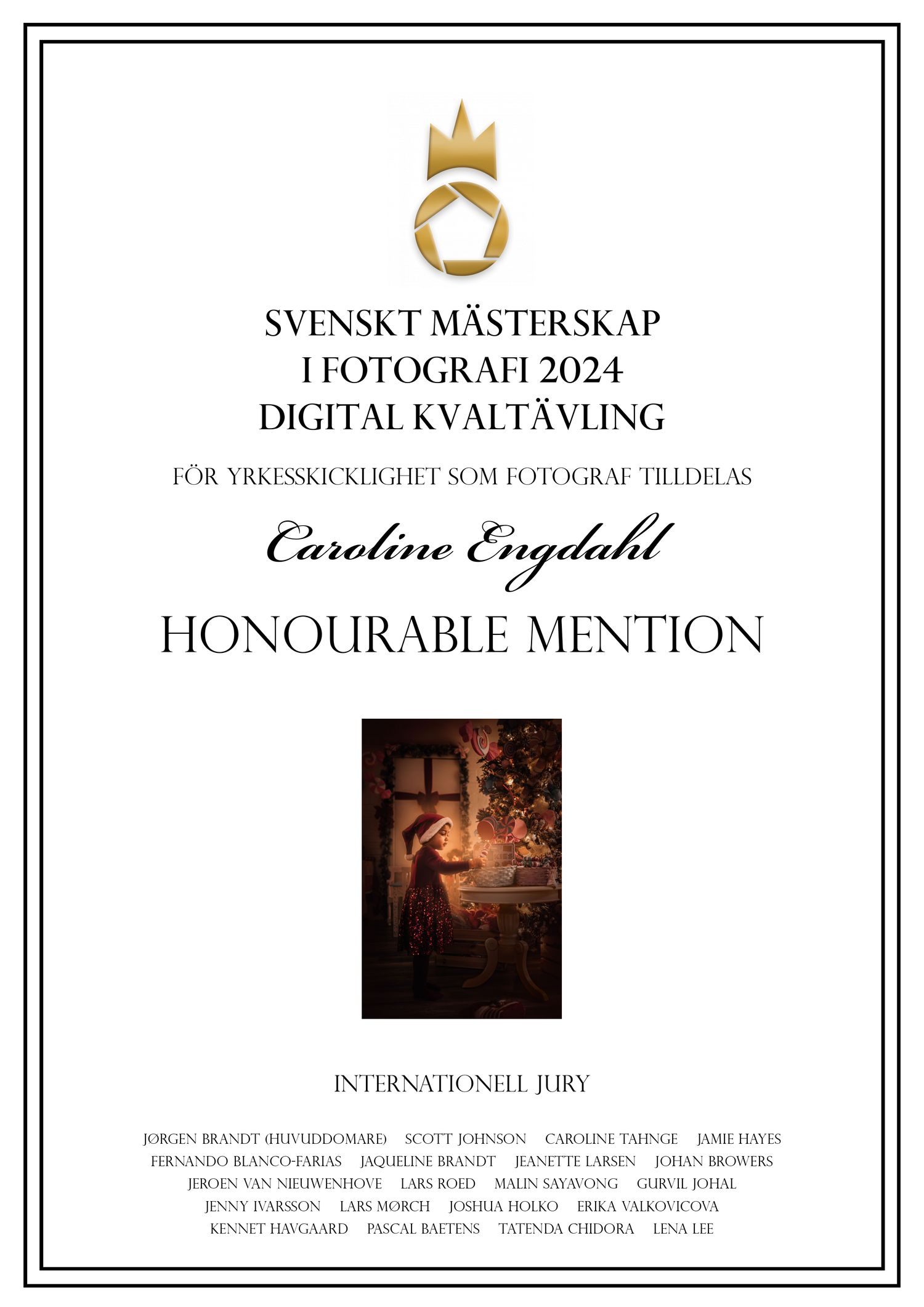 A certificate for Swedish Photography Championship 2024 displaying an Honourable Mention award with a small dark artistic photo.
