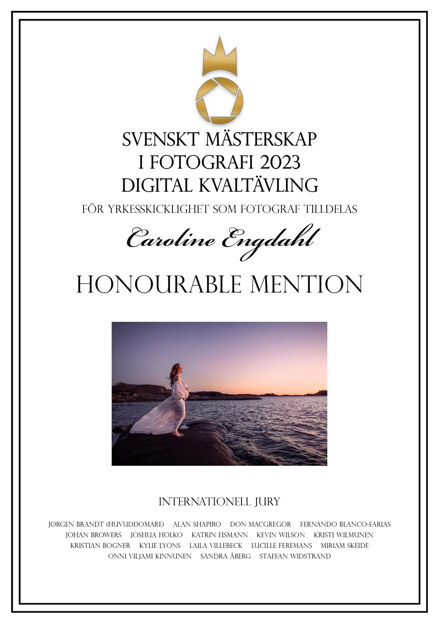 A Swedish photography award certificate showing a sunset beach portrait.
