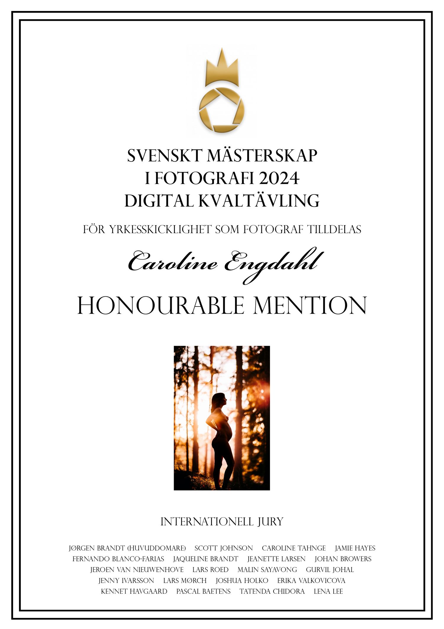 Award certificate featuring silhouette portrait photography awarded Honorable Mention in Swedish Championship 2024.