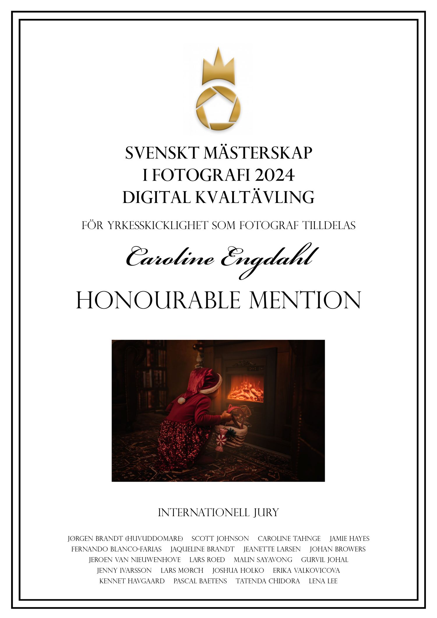 Swedish Photography Championship 2024 certificate showing Honorable Mention award with thumbnail of red dress photo by fireplace.
