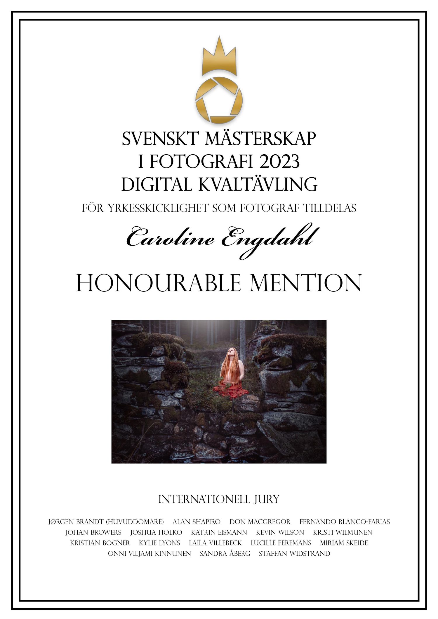 Award certificate featuring moody forest photography receiving Honorable Mention in Swedish Photography Championship 2023.