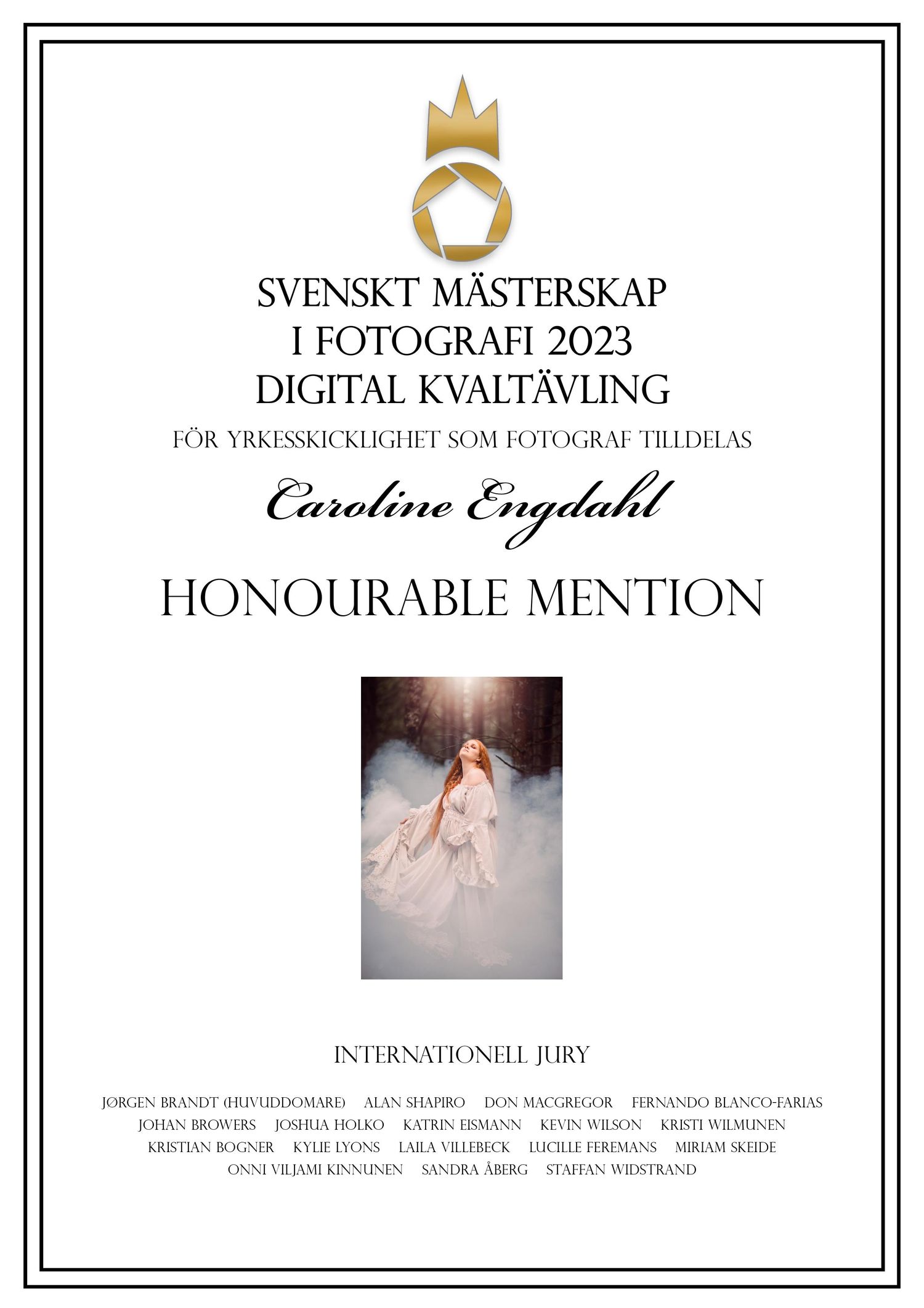 Award certificate displaying ethereal portrait photography awarded Honorable Mention in Swedish Photography Championship.