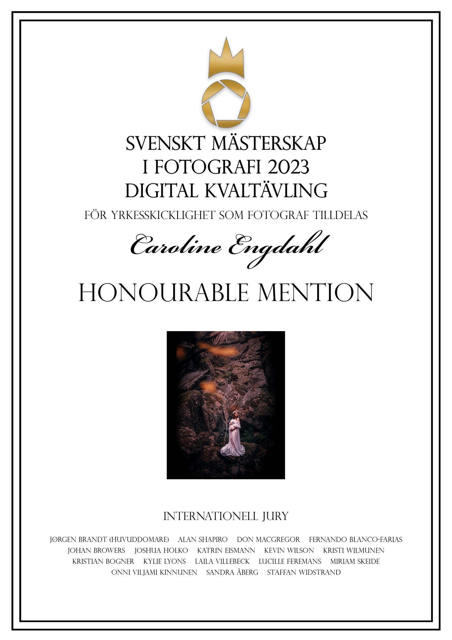 Award certificate showcasing dramatic woodland photography awarded Honorable Mention in Swedish Photography Championship.
