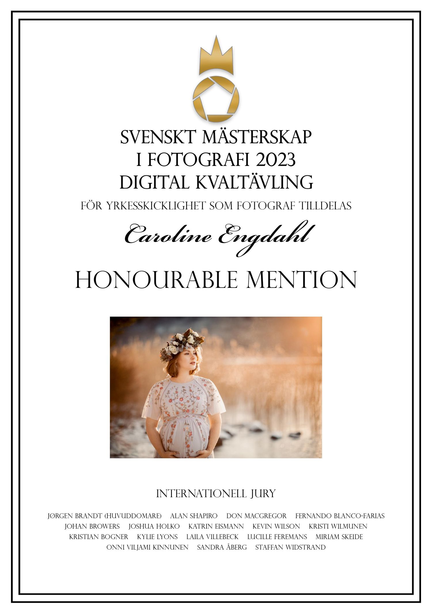Award certificate showing outdoor portrait photography awarded Honorable Mention in Swedish Championship 2023.