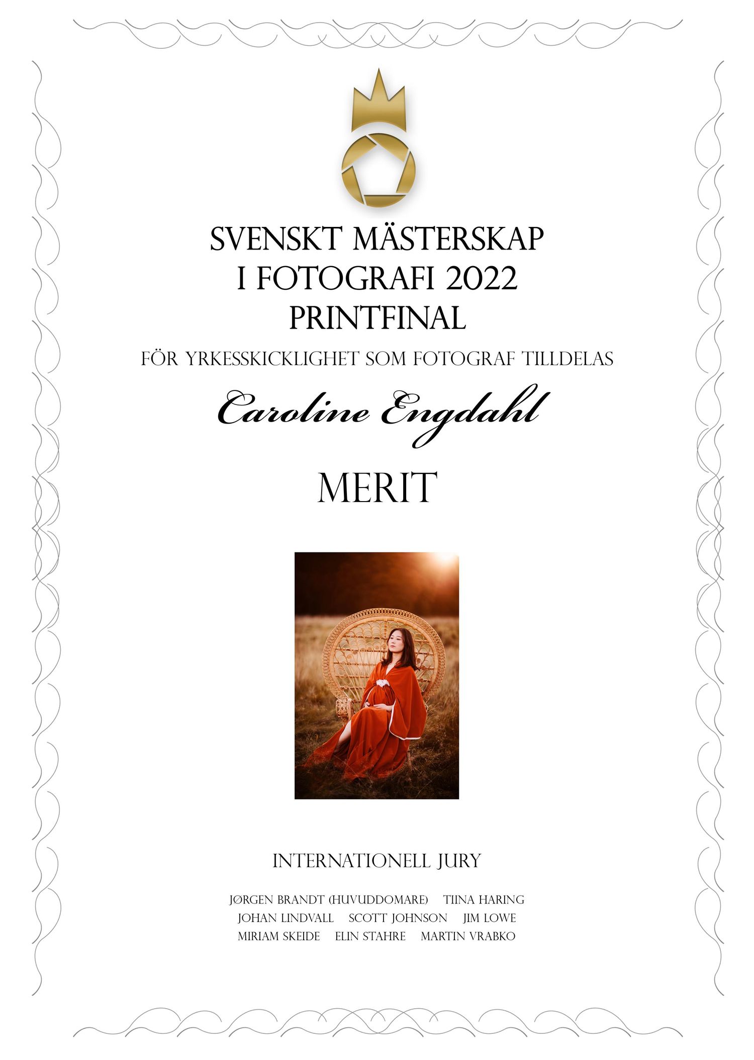 Merit award certificate from 2022 Swedish Photography Championship featuring red-themed portrait photography.