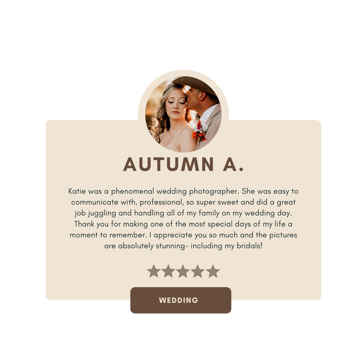 Five-star wedding photography review displayed on beige background.